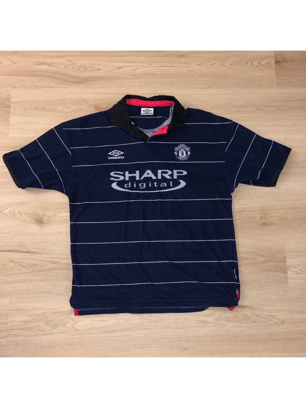 UMBRO MANCHESTER UNITED 1999-2000 AWAY SOCCER SHIRT JERSEY BLUE MENS LARGE SHARP
